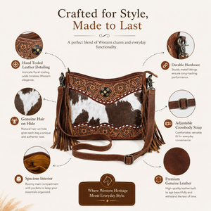 Bolso bandolera de cuero de vaca con pelo, hecho a mano, estilo western, con flecos y adornos florales tallados a mano, para mujer. - Product Image 5