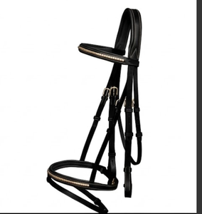 Brida de Caballo de Calidad Premium con Bocado de Estilo Inglés, Cuero Negro, Adornos de Latón Dorado Auténtico y Herraduras - Product Image 2