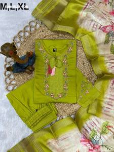 ผ้าไหมวิสโคสคุณภาพสูง พร้อมงานปักหลายเส้นและงานฝีมือที่ช่วงคอเสื้อและแขนเสื้อ ชุดคุर्ติ-กางเกงขายาว และผ้าคลุมไหล่แบบ Lagdi Patta จากซัพพลายเออร์อินเดีย - Product Image 5