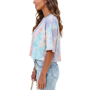 Camisetas Cortas de Verano para Mujer al por Mayor, Estilo Tie Dye Pastel, Manga Corta, Estampado Gráfico, Hombros Caídos, Oversize, Coloridas - Product Image 3