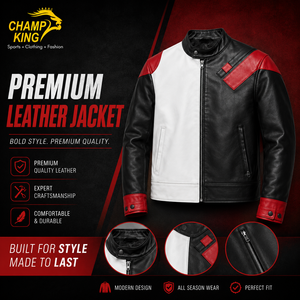 Veste en cuir pour homme, noir, blanc, rouge, couleur contrastée, col montant, fermeture éclair - Product Image 1