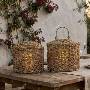 Japandi Cylinder Drum Seagrass Lantern Candle Holder Hanging <b>Rope</b> Lanterns Garden Glass Candle Holder <b>Light</b> Interior Decor - Product Image 4