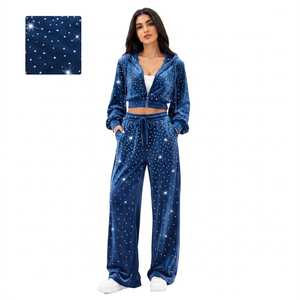 Conjunto de dos piezas de terciopelo con diamantes de imitación para mujer, de moda, azul, con sudadera corta con cremallera y pantalón de pierna ancha, OEM - Product Image 4