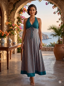 Vestido Maxi Bohemio con Cuello Halter, Estampado, Sin Mangas, de Algodón, con Lazo Cruzado, Cintura Natural, Ajuste Holgado, Vestidos Casuales de Verano - Product Image 5