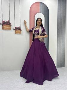 Purple Embroidered Lehenga Set Women Crop <b>Top</b> Blouse Jacket <b>Net</b> Skirt Wedding Party Outfit India Pakistan - Product Image 5