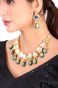 Indian Classic Choker Set Traditional Zircon Gold Plated Crystal Kundan Faux Pearl Engagement Wedding Party Necklace Earrings - Product Image 5