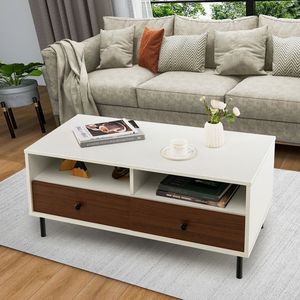 Modern <b>Rectangle</b> 40-Inch <b>Coffee</b> <b>Table</b> with Storage Shelf and Drawers 2-Tiered Design for Living Room Furniture - Product Image 4