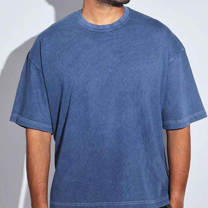 Oversized Solid <b>Blue</b> Cotton T-Shirt <b>Men</b> Regular Sleeve O-Neck Casual Acid Wash 300g Anti-Wrinkle Quick Dry Jersey Fit - Product Image 1
