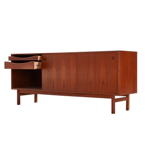 Mid-Century Modern Teak Wood <b>Sliding</b>-<b>Door</b> Sideboard Credenza <b>with</b> Concealed Drawers - Product Image 1