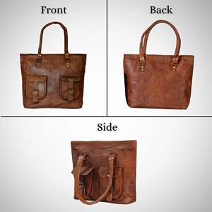 Sac fourre-tout à bandoulière en cuir véritable marron pour femme, création d'artiste, avec fermeture éclair, doublure en coton et poches pour le shopping quotidien - Product Image 2