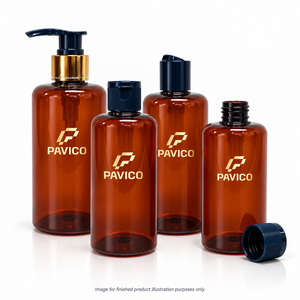 ขวดเครื่องสำอางทรงกลม PET สีเหลืองอำพัน พร้อมหัวปั๊มโลชั่น ยี่ห้อ Pavico พิมพ์ลายซิลค์สกรีน สำหรับผู้ผลิตบรรจุภัณฑ์ผลิตภัณฑ์ดูแลส่วนบุคคล ประเทศเวียดนาม - Product Image 1