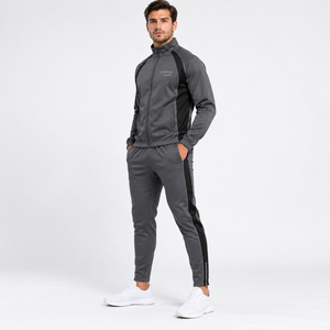 Ensemble de survêtement gris pour homme, fermeture éclair intégrale, col montant, coupe classique, poches latérales, séchage rapide, style sportif, vêtement d'automne, 100 % polyester - Product Image 3