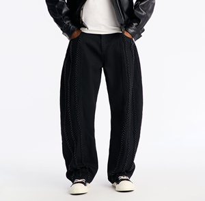 Jeans Negros de Pierna Recta para Hombre con Detalle Lateral de Cuentas, Corte Ajustado, Estilo Urbano, Pantalones de Mezclilla de Cintura Media, Estilo Otoñal - Product Image 1