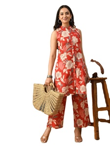 ชุดกางเกง Kurtis สั้นสำหรับผู้หญิงในอินเดียชุดกางเกงสั้นแขนกุดมีกระดุมลายดอกไม้ผ้าคอตตอนฤดูร้อน - Product Image 6