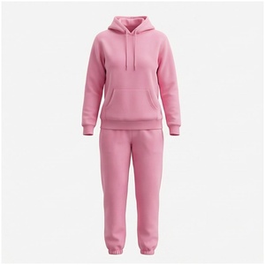 Women 100% Cotton Hooded <b>Sweatshirt</b> & Jogger Tracksuit Set Solid <b>Pink</b> Casual Autumn Full Length Midweight Fleece Pants - Product Image 1