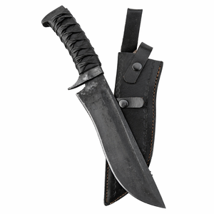 Couteau de camping Bowie de qualité industrielle, fabriqué sur mesure par Edge Master, lame à pointe clip, acier Damas, manche en cuir. - Product Image 1