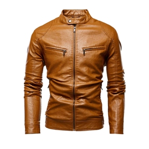 <b>Men's</b> Brown PU <b>Leather</b> <b>Jacket</b> Stand Collar Zipper Closure Slim Fit Regular Sleeve Solid Color Eco-Friendly <b>Jacket</b> For Sale - Product Image 1