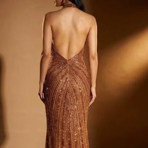 Vestido de Noche de Lujo al por Mayor en Oro Rosa con Lentejuelas, Vestido de Fiesta Formal de Sirena sin Espalda con Pedrería Pesada Hecha a Mano para Mujer OEM - Product Image 2