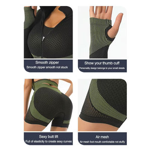 High Waist 2 Piece Yoga Set Seamless Eco-Friendly Black Green Contrast <b>Mesh</b> Crop <b>Top</b> Racerback Sleeveless Shorts Breathable - Product Image 6