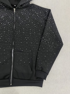Sudadera con capucha extragrande de algodón grueso con cremallera completa y gráfico de telaraña de diamantes de imitación negros premium para hombre - Product Image 2