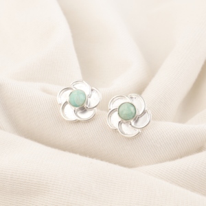 Designer Flower Patterned 925 Sterling Silver Coated <b>Stud</b> <b>Earrings</b> <b>Blue</b> Amazonite Gemstone <b>Earring</b> for Women Girls Wedding Gift - Product Image 1