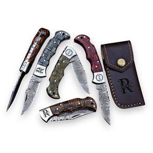 Ensemble de 5 couteaux pliants en acier Damas, manche en bois Pakka, étui en cuir, couteau de poche EDC pour la chasse et le camping, cadeau personnalisé - Product Image 5