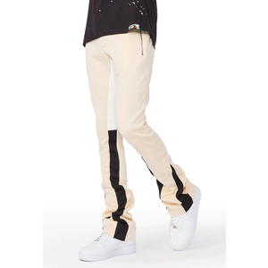 Pantalon évasé beige pour homme avec blocs de couleur, poches latérales, taille élastique et cordon de serrage – Survêtement décontracté pour l'automne - Product Image 2
