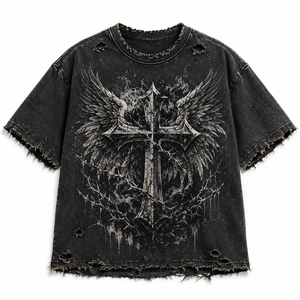 เสื้อยืดลายกราฟิกแบบทำเก่าสไตล์วินเทจ ผ้าคอตตอนหนานุ่ม พิมพ์โลโก้ตามสั่ง ผลิตเสื้อผ้าสตรีทแวร์ แบรนด์ Cross Winged โรงงานผู้ผลิต - Product Image 1