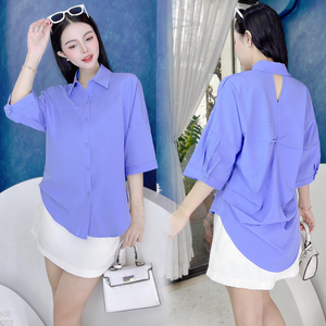 <b>Women</b> <b>Long</b> Sleeve Shirt with Relaxed Fit & Twist Back Office Casual Solid Top Bulk Clothing Eco-Friendly Apparel - Product Image 4
