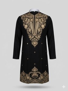 <b>Men's</b> Black Embroidered <b>Kurta</b> With Gold detailing Traditional Indian Wedding Wear Ankle Length Cotton Regular Fit - Product Image 3