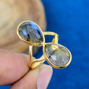 Natural <b>Labradorite</b> Pear Shape Gemstone Double Stone <b>Ring</b> 18k Gold Plated Over 925 Sterling Silver - Product Image 1