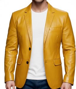 Men's Mustard Leather Blazer Slim Fit Turn-down Collar Single Button <b>Smart</b> <b>Casual</b> Autumn Wear - Product Image 3