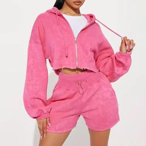 Pink Acid Wash Women Tracksuit 2 Piece Shorts Set Vintage <b>Zip</b> Up Hoodie Loose Lounge Outfit - Product Image 1