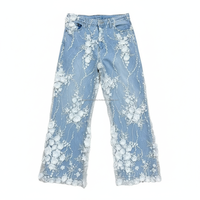 Jeans évasés pour femmes, blancs, taille haute, patchwork floral, respirants, sur mesure, OEM, vente en gros