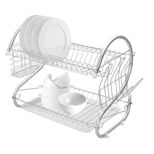 Scolapiatti a doppio strato a forma di S con ciotole, piatti, bacchette e cucchiai - Product Image 1