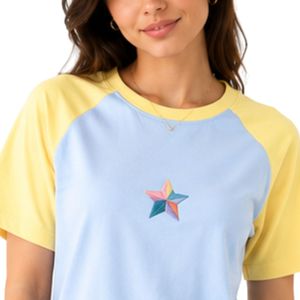 Camiseta de Mujer Azul Cielo y Amarillo Limón, Corte Raglán, Diseño de Bloques de Color, Estampado Gráfico de Estrellas, Cuello Redondo, Manga Corta, Algodón, Informal, Personalizada - Product Image 5
