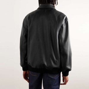 High Quality Custom <b>Black</b> Genuine Leather Letterman Varsity Jacket for <b>Men</b> Fashionable Chenille Patches Embroidery Coat - Product Image 3