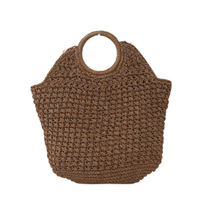 Bolso de paja artístico estilo francés de verano, bolso de mano casual para mujer estilo resort, con asa de anillo redondo, tejido calado, boca abierta y forma cuadrada - Product Image 5