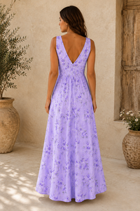Robe longue florale lavande pour femme, sans manches, style bohème, pour l'été, élégante pour les invitées de mariage et les vacances à la plage - Product Image 2