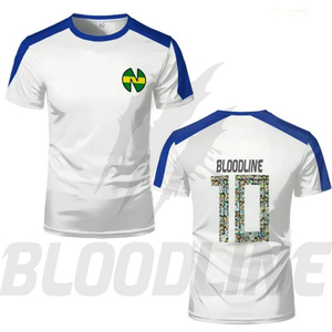 Camiseta Blanca con Mangas Raglán Azules, Logotipo Verde y Amarillo, Transpirable, de Poliéster, para Hombre, Talla Adulto, Servicio OEM, BLOODLINE - Product Image 3