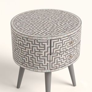 Table de chevet ronde de luxe en nacre grise avec 2 tiroirs, incrustation géométrique, table de chevet artisanale - Product Image 4