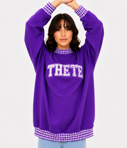 Custom Women’s Heavyweight Oversized Mockneck Sweatshirt Plaid Gingham <b>Patchwork</b> Casual Varsity Streetwear <b>Top</b> - Product Image 3