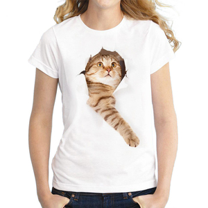 T-shirt pour femme de haute qualité, vente en gros, motif chat mignon, impression 3D personnalisée, tee-shirt d'été, style urbain - Product Image 2
