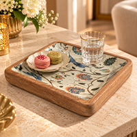 Plateau de service carré en bois naturel émaillé |   Plateau de table décoratif à motif floral et d'oiseaux, pour la maison, la cuisine, les cadeaux