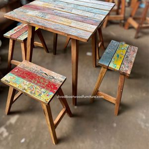 Taburete Artesanal de Diseño Cuadrado con Espacio para los Pies, Madera de Barco Reciclada, Color Natural, para Jardín, Hogar y Exteriores - Product Image 5