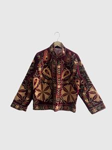 Chaqueta de Terciopelo con Bordado Floral, Cuello Mandarín, Manga Larga, Talla Grande, Ropa de Otoño para Mujer - Product Image 1