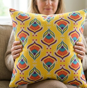 Boho Ethnic Floral <b>Printed</b> Plain Style Square <b>Cushion</b> Cover in Vibrant Yellow Orange Teal Home & Hotel Use Best-Selling 18X18 - Product Image 2
