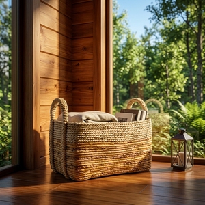 Natural Fiber Storage Baskets Striped Woven Bin Handcrafted Laundry <b>Hamper</b> Balinese Artisan Vertical Organizer Boho Home Decor - Product Image 3