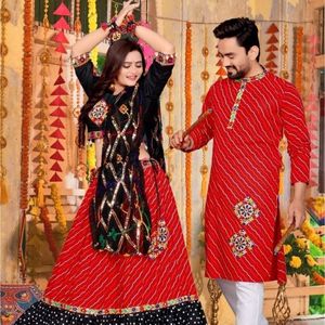 Premium Special Navratri Couple Combo Cotton Lehenga Choli And <b>Men</b> Cotton <b>Kurta</b> Pant Set Wholesale Rate By Royal Export - Product Image 3