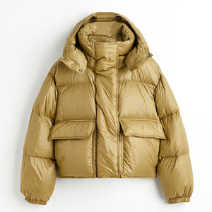 Chaqueta Acolchada de Mujer Color Oliva con Capucha, Manga Larga, Chaqueta Corta de Invierno, Color Sólido, Relleno Grueso de Poliéster, Ligera - Product Image 2